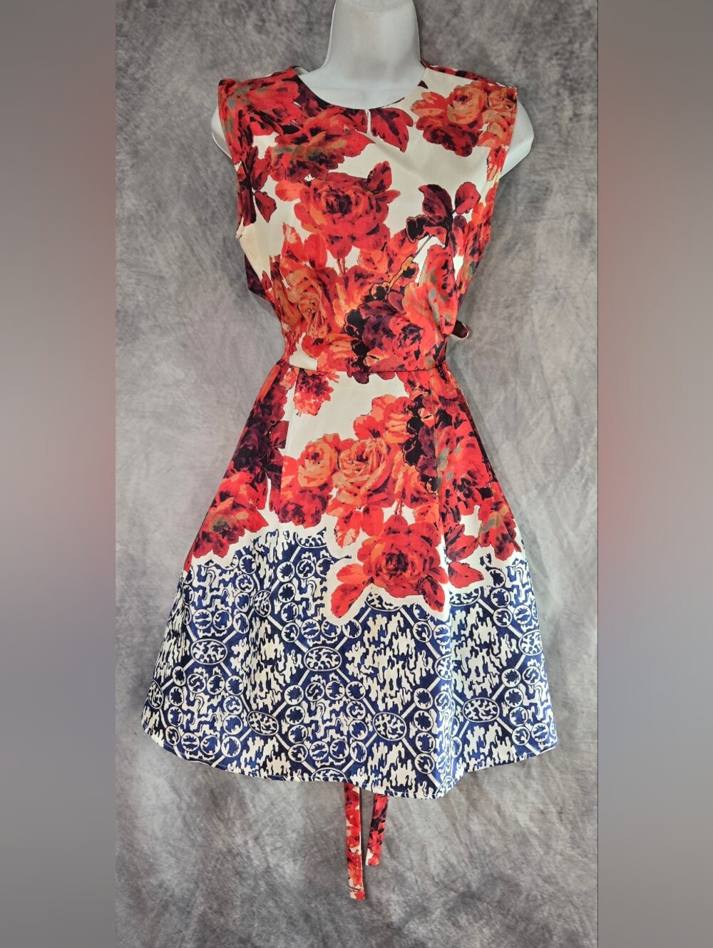 Sleeveless Midi Dress with Red Floral and Navy Border